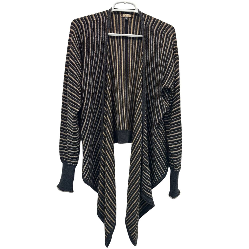 Rozae Nichols Striped Open Front Draped Cardigan Sweater Cashmere Black Gold L